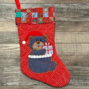Vintage Denim Teddy Bear Christmas Stocking 14"